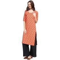 D-Fort Women Cotton Fit Printed Orange Kurti Upper